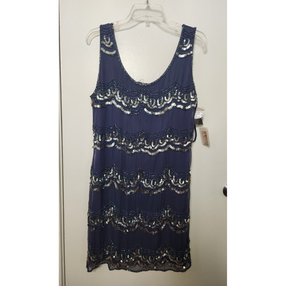 Pisarro Nights Blue Silk Beaded Sequin Sz 10 Sleeveless Side Zip Dress NWT Party